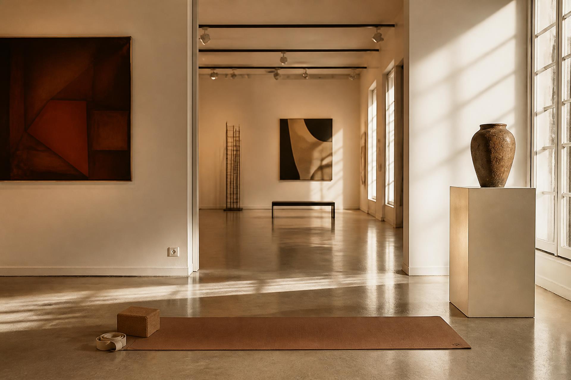 Intérieur de la galerie ANĀVRIN LAB, tapis de yoga au sol face à des œuvres contemporaines